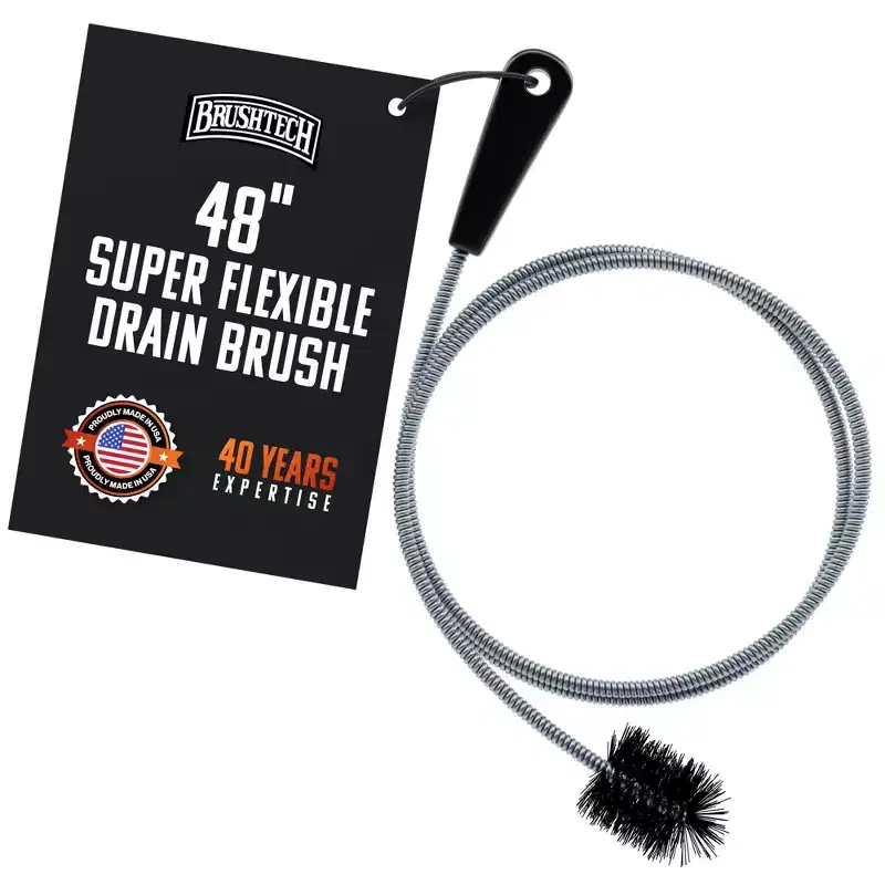 Brushtech 48 Extra Long Super Flexible Drain Brush - Long Pipe Cleaning Brush for Tough Clogs, Hair, & Debris - Non-Kinking Spring - Made in USA