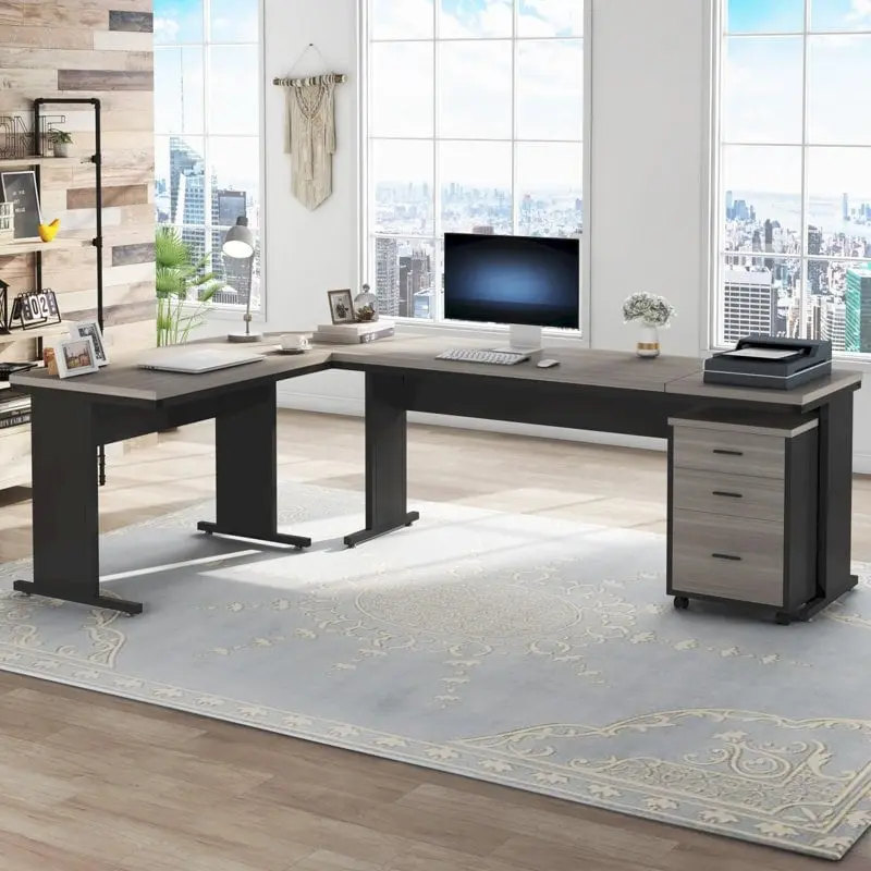 83 L-Shaped Executive Desk, Large L Office Desk with 3-Drawer Mobile File Cabinet, Business Furniture Desk Workstation
