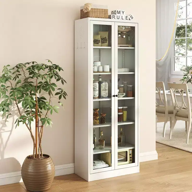 72" Heavy-Duty Metal Kitchen Pantry Cabinet - 5 Adjustable Shelves & Glass Doors, 80LBS/Shelf, White