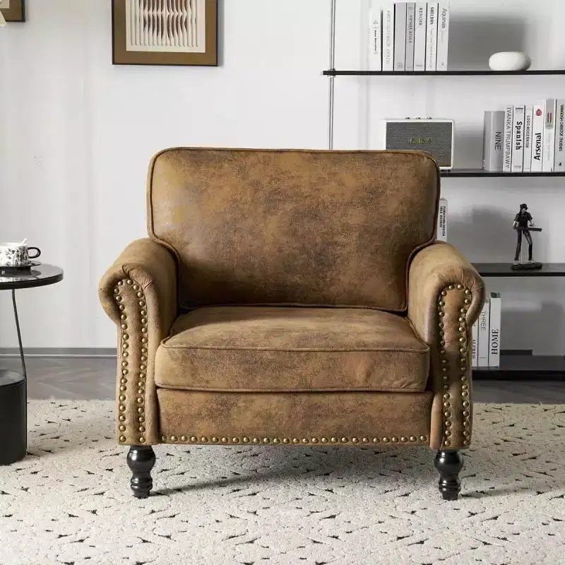 Rust Brown Faux Leather Accent Chair, Single Seat, with Arms