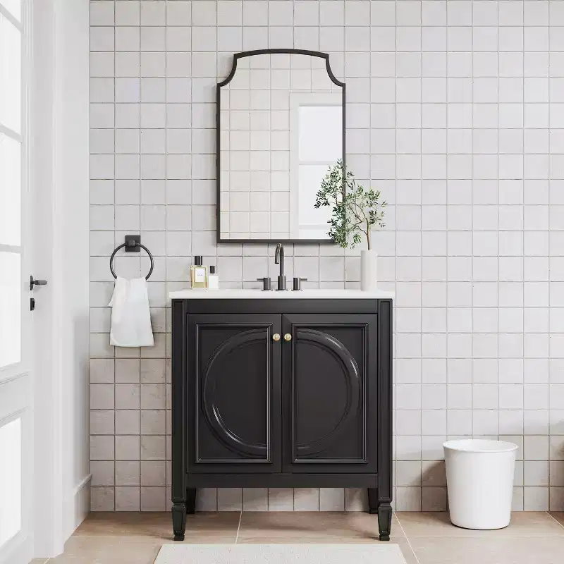 30 inch Black Bathroom Vanity with Sink and Iron Arched Mirror Cabinet, Two Doors with Shelf, Soft Close Door Hinges
