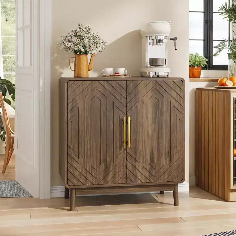 JVNOXK Carved Double-Door Adjustable Shelf Storage Sideboard with Decorative Cabinet Suitable for Living Rooms and Entryways Walnut Finish