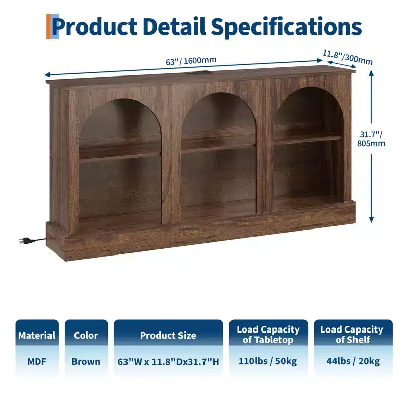 Arched TV Stand for TVs up to 75, 63 Entryway Console Table with Charging Station, Wooden Entertainment Center & Sofa Table for Living Room,Hallway