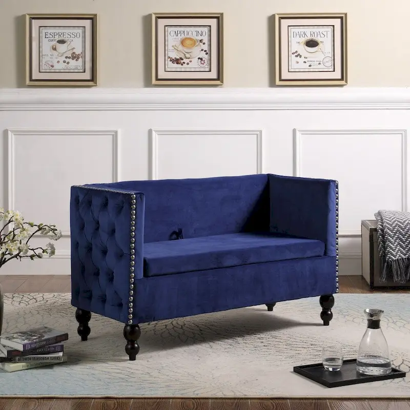 Modern Velvet Tufted Nailhead Storage Settee Loveseat