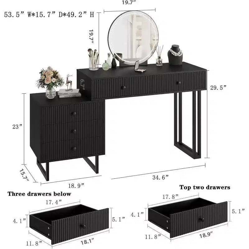 Acekool White Vanity Desk with Mirror and Lights, Modern Makeup Vanity Table with 5 Drawers, 3-Color LED, Adjustable Brightness for Bedroom