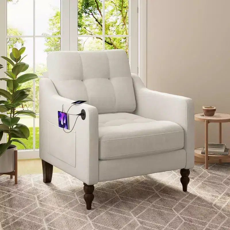 TUYOHW Modern Accent Chair,Ergonomic Chenille Armchair with USB Charging Port,Side Storage Pocket,Wood Legs,Lounge Chair for Living Room,Bedroom