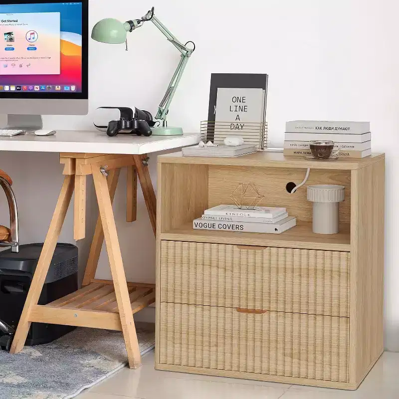Fluted Farmhouse Nightstand with Charging Station, 23 Mid-Century End Table with 2 Drawers & Open Shelf