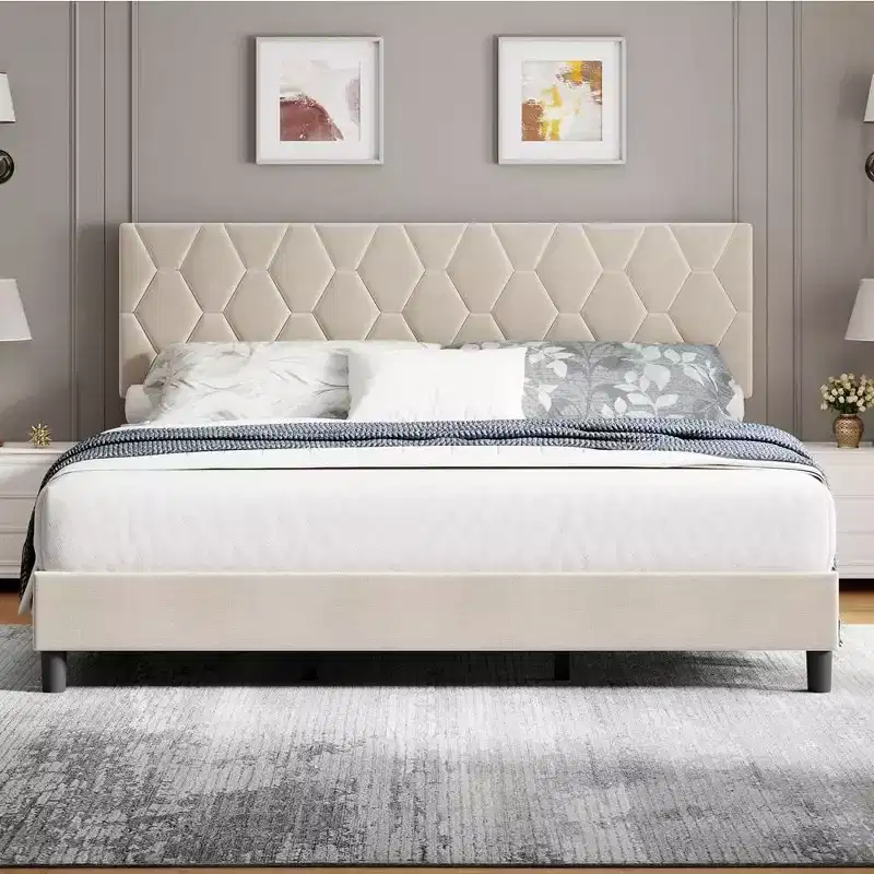 Twin/Full/Queen/King Bed Frame Upholstered Platform with Headboard and Strong Wooden Slats