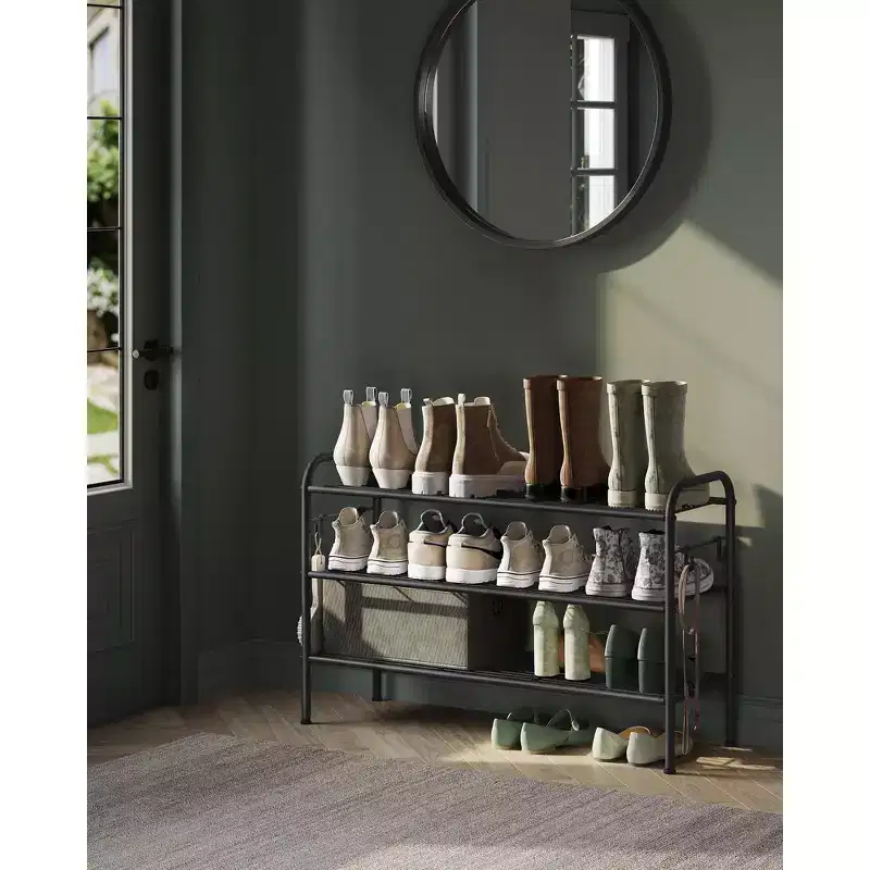 3-Tier Metal Shoe Rack with Side Hooks, Height-Adjustable, Ink Black