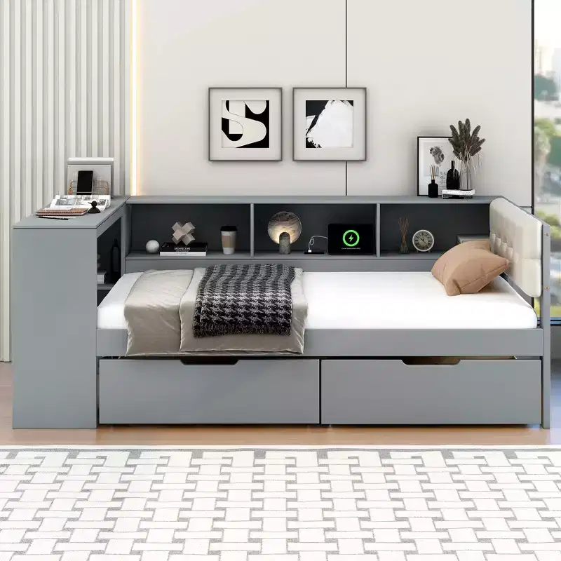 GDFStudio Scott Platform Bed with Storage Shelves, Drawers, Charging Station and Upholstered Headboard