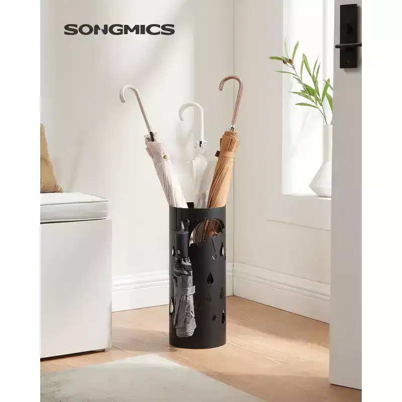 SONGMICS Umbrella Stand, Metal Umbrella Holder for Entryway, with Water Tray and 4 Hooks, 6.7 x 6.7 x 16.1 Inches, Round, Black