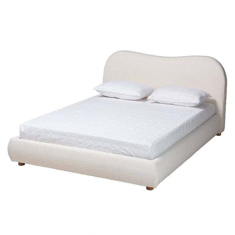 Off White Boucle Mid-Century Platform Bed, Queen, 1-Person