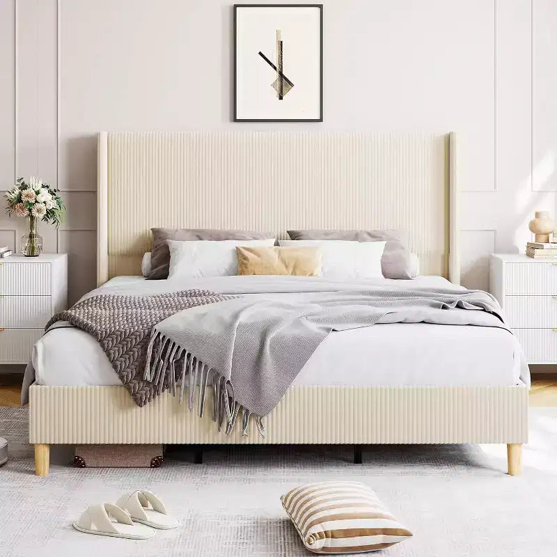 King Size Bed Frame,Upholstered Platform Corduroy Bed Frame with Vertical Channel Tufted Wingback Headboard, Strong Wooden Slats, No Box Spring Needed