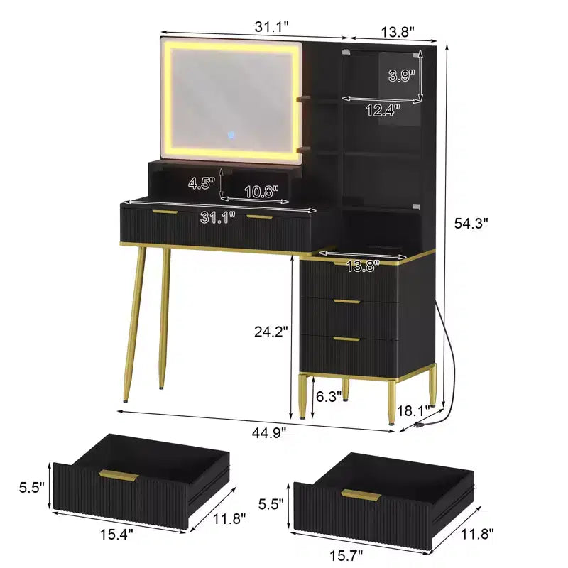 Fluted Vanity Desk, Makeup Vanity Desk with 5 Drawers, Storage Shelf, 3 Colors Lighting Adjustable Brightness for Bedroom