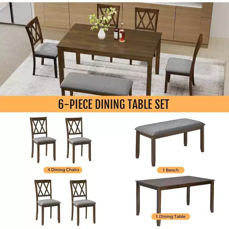 Zevemomo6-Piece Solid Wood Dining Table Set, Including 1 Dining Table, 4 Upholstered Chairs and 1 Bench, for Dining Room & Kitchen, Walnut