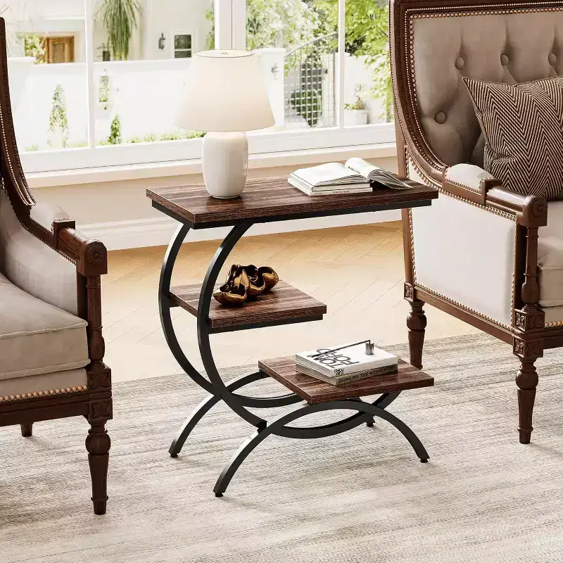 Lantine End Table, Narrow Table with 3 Storage Shelves, Industrial C-Shaped Small Sofa Side Table for Living Room, Rustic Brown
