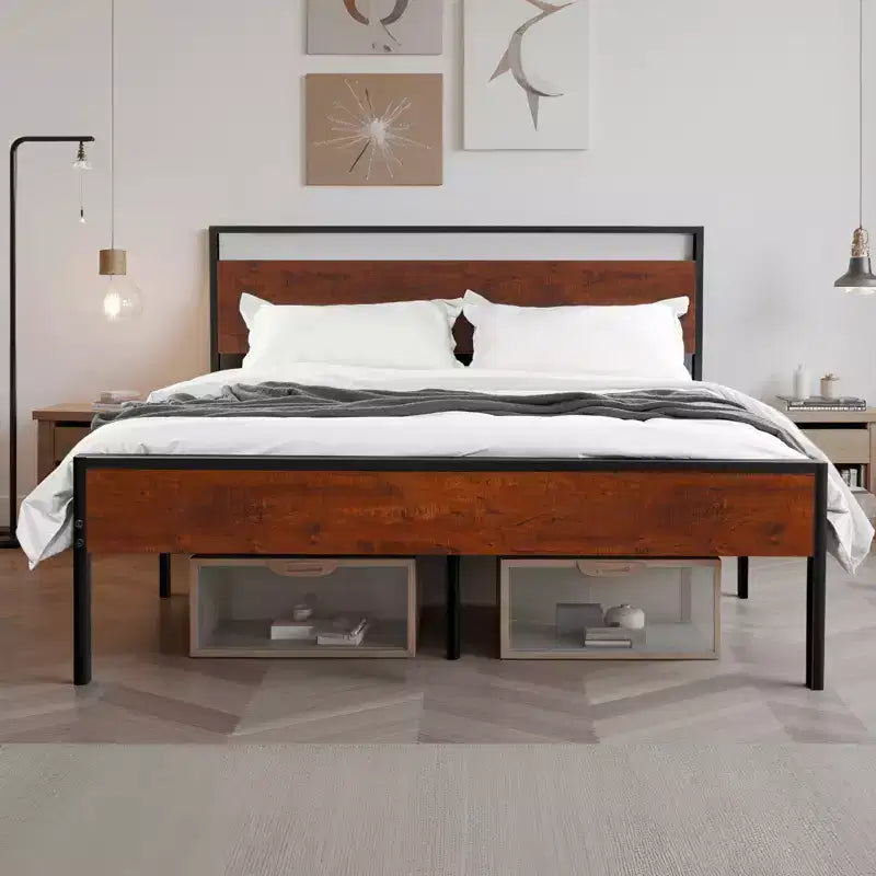 Queen Size Black Metal Platform Bed Frame with Retro Brown Wooden Headboard and Footboard, Large Under-Bed Storage