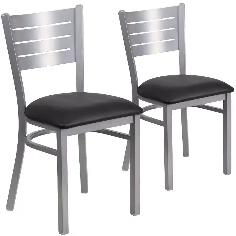 Emma and Oliver 2 Pack Silver Slat Back Metal Restaurant Chair