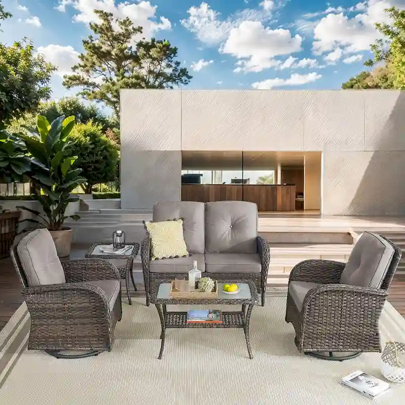 All Weather Patio Sofa with Rocking Chairs - Brown