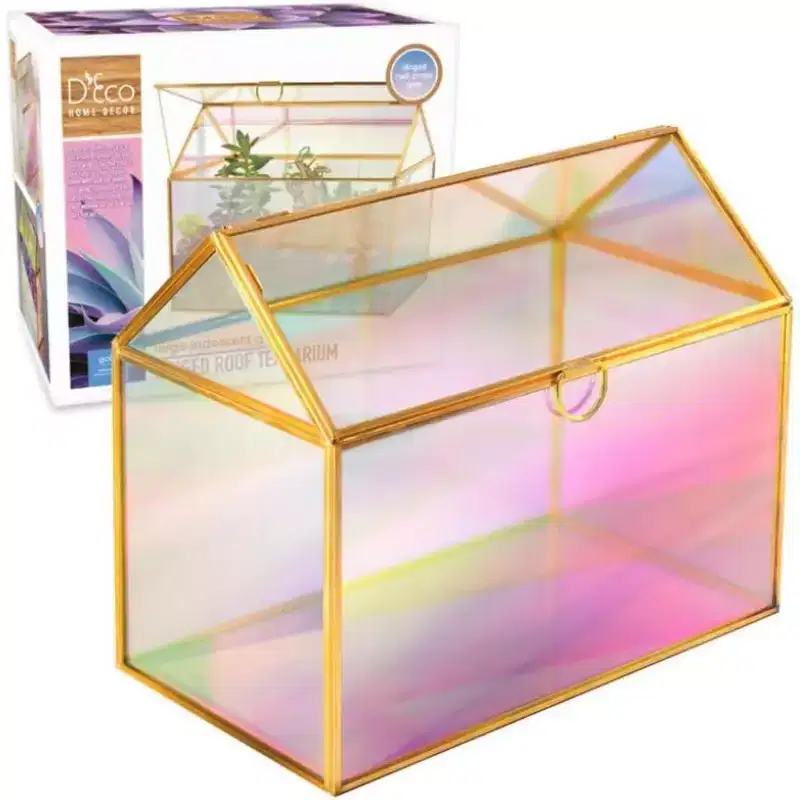 D'Eco Iridescent Glass House Planter Terrarium (10x6x8)- Tabletop Gold Geometric Terrarium - Home, Garden, Office Decor - Gift for Plant Lovers
