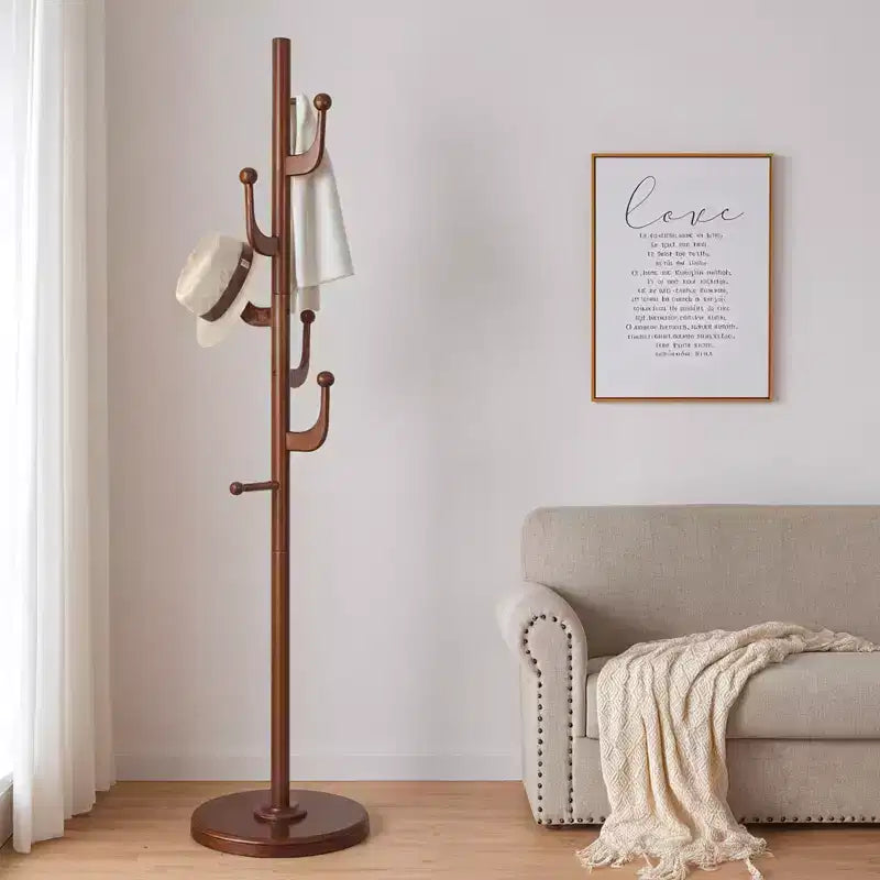 Cactus Freestanding Coat Rack, Solid Wood Coat Tree with 7 Hooks and Sturdy Round Base for Entryway