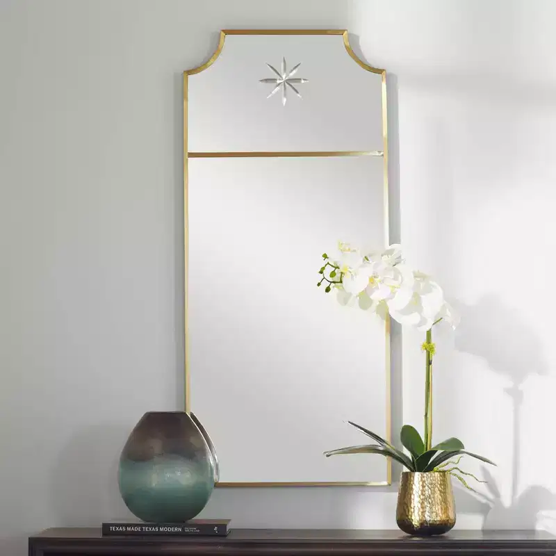 Uttermost Rectangular Vanity Decorative Wall Mirror Curved Corner Satin Brushed Brass Frame 18 Wide Bathroom Bedroom Living Room