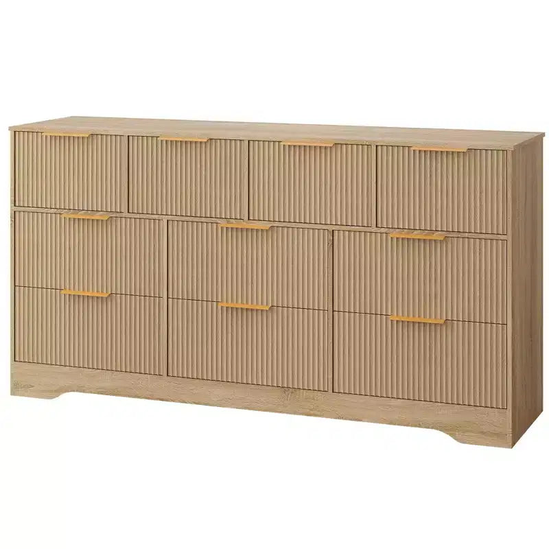 55" White Fluted Double Dresser with 10 Drawers & Gold Handles, Bedroom Chest