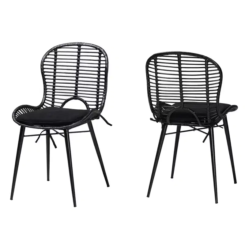 bali & pari Brenna Modern Bohemian Greywashed Rattan and Metal Dining Chair Set