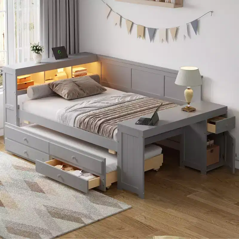 Full Size Daybed with Trundle and Desk, Space Saving Daybed with Storage Shelves, Drawers & Cabinet, Captain's Bed Sofa Bed Frame with LED Lights