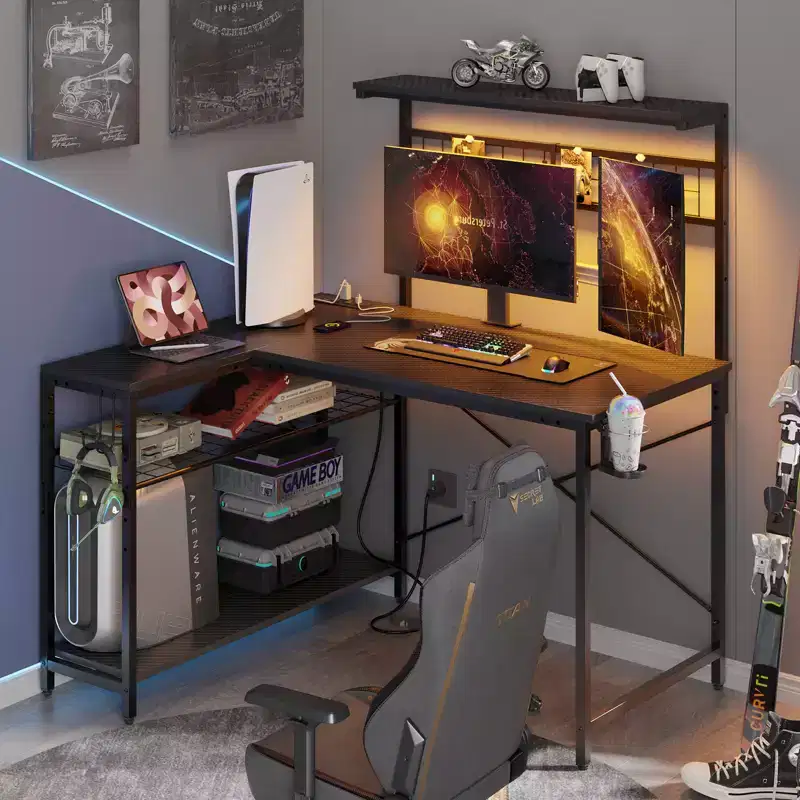 Bestier 42''Gaming Desk,L Shaped Computer Desk with Power Outlets&LED Lights, Reversible Corner Desk with 4-Tier Shelves,Cup Holder,Carbon Fiber Black