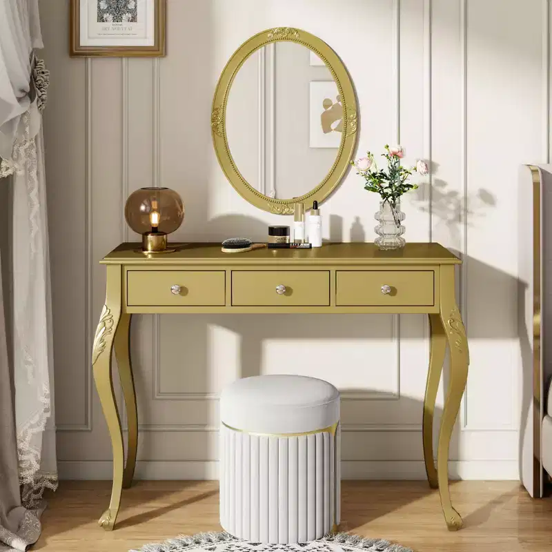 Okak Luxury Vanity Desk with Oval Mirror, Makeup Vanity with 3 Drawers, Vanity Table for Entryway, Living Room, Dressing Room, Gold