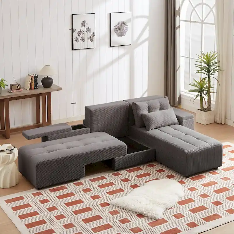 Modular Corduroy Sleeper Sofa & Sectional Set,Grey, 3-in-1 Design