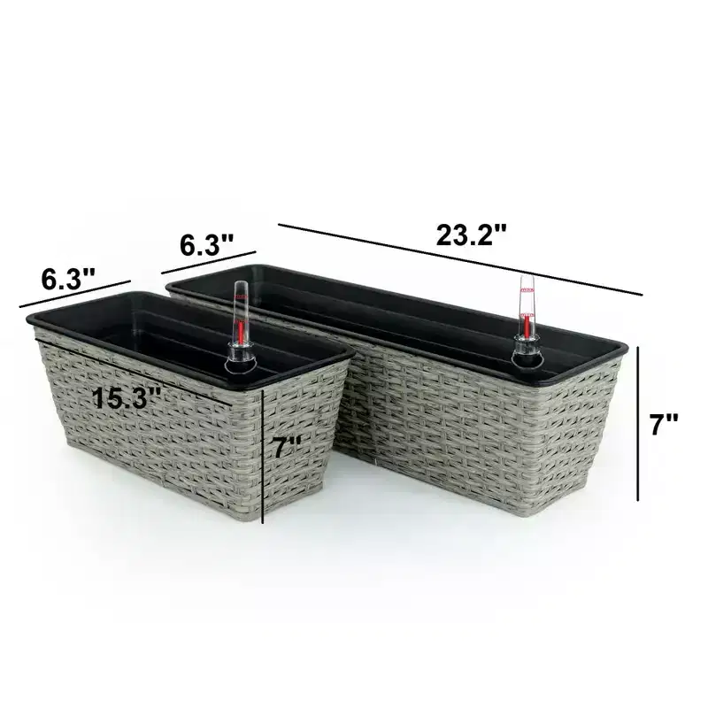 NAYSAYE 2 Pack Rectangle Planter for Indoor Outdoor Plants Flowers Herbs Hand Woven Wicker for Easy Care, Gray, 23.2*7*6.3