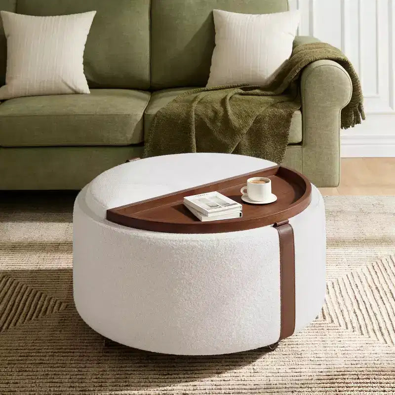 Round Storage Ottoman with Casters and Reversible Tray Lids
