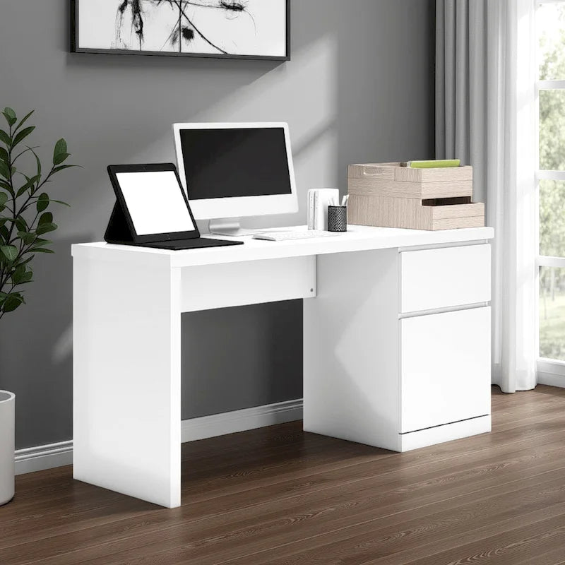 Onira Home Office Desk, 60 Inch Rectangular Top w Drawer, White Wood