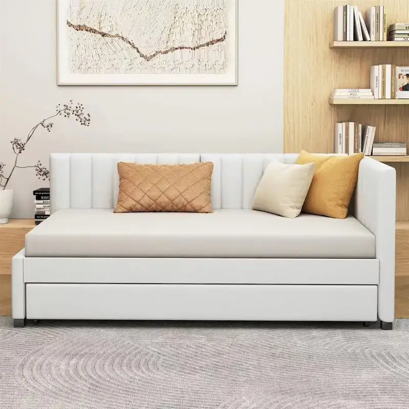 Twin Size Linen Upholstered Daybed with Roll-Out Trundle �� No Box Spring Needed
