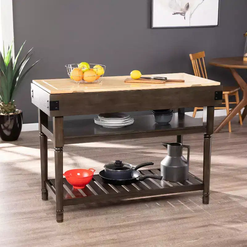Kitchen Island with Butcher Block Top, Smoked Ash/Natural