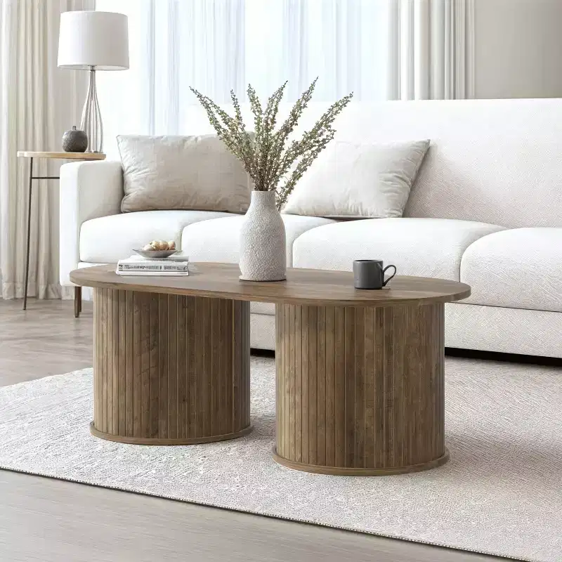 Fluted Oblong Coffee Table with Round Base 39.2"W x 19.5"D x 14.9"H