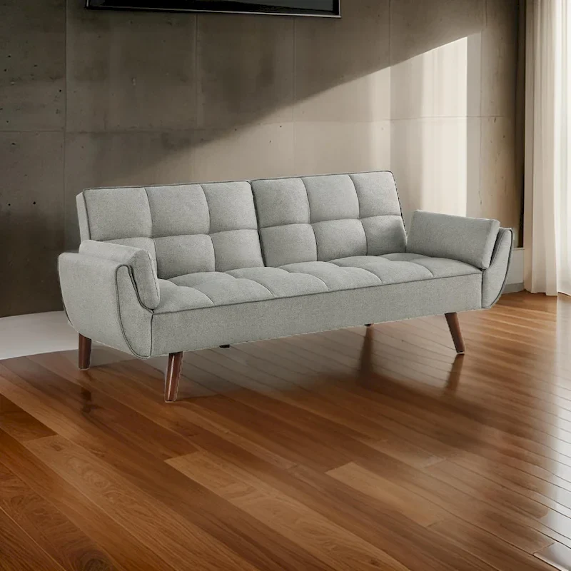 Convertible Sofa Futon Bed with Tufted Back and Tapered Legs, Gray Fabric
