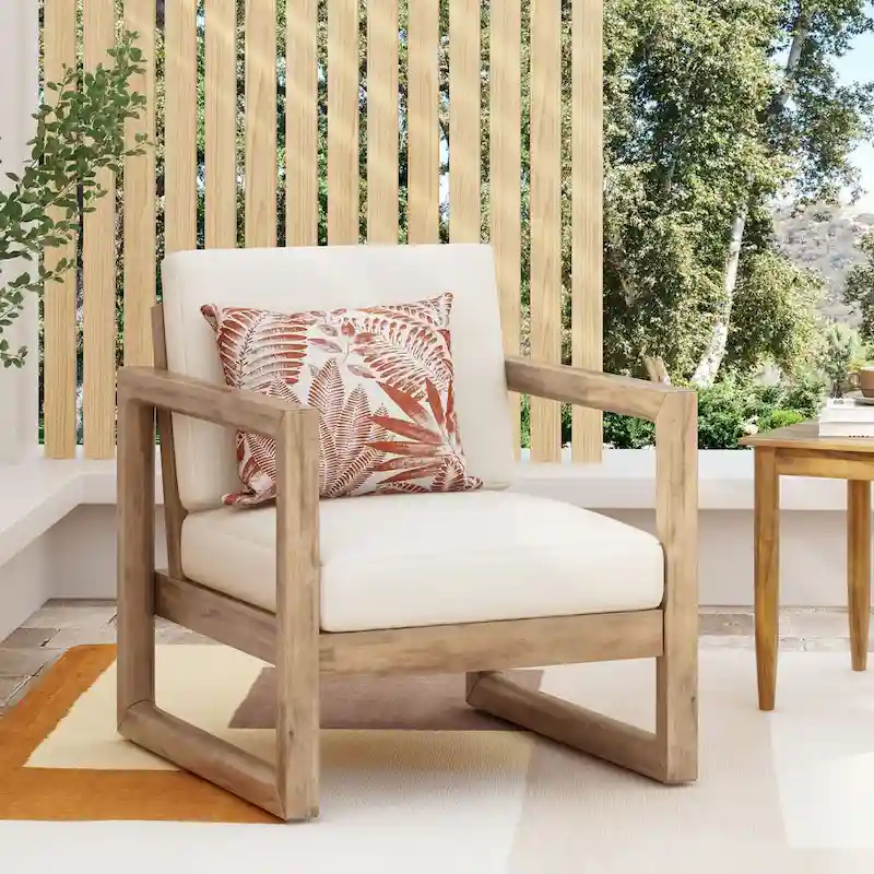 Outdoor Acacia Wood Club Chair with Cushions, Brown and Beige, 29.5 D X 27.5 W X 31.5 H