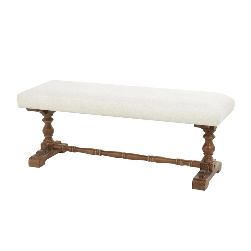 Fabric Home Bench with Brown Turned Legs - Cream - Roche River Decor