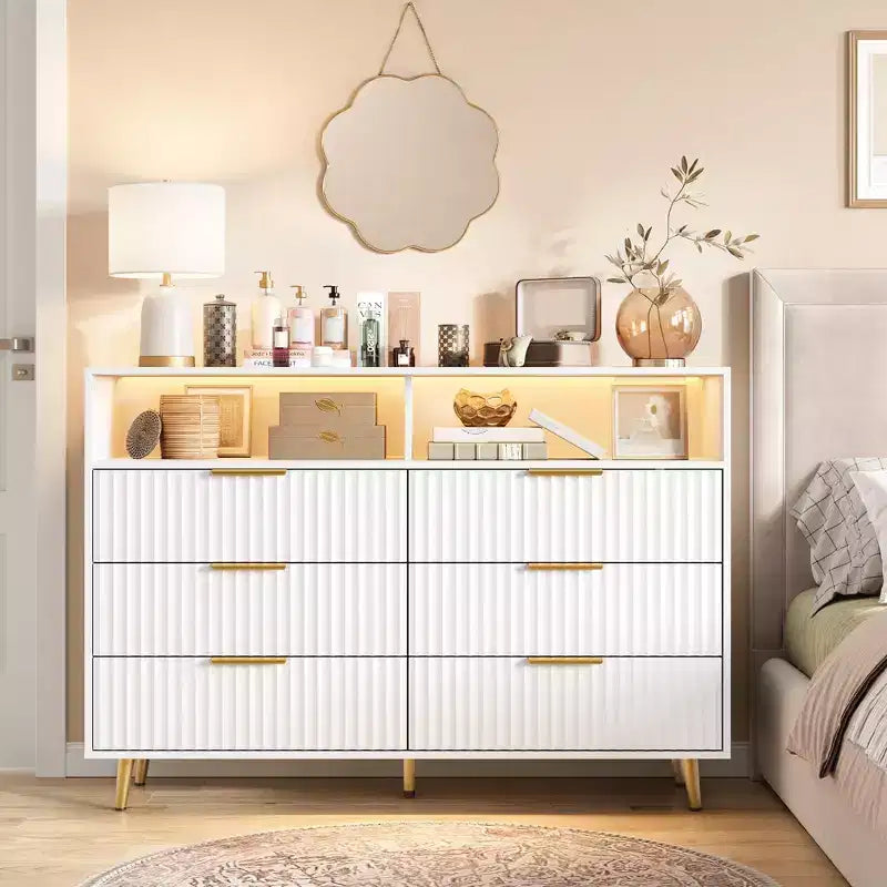 6 Drawers Dresser, 47.2 Wide Dressers with LED Lights and Charging Station, Curved Profile Design, Fluted Wood Drawers for Living Room, White