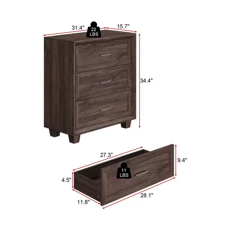 3-Drawer Nightstand with Vintage Wood Finish