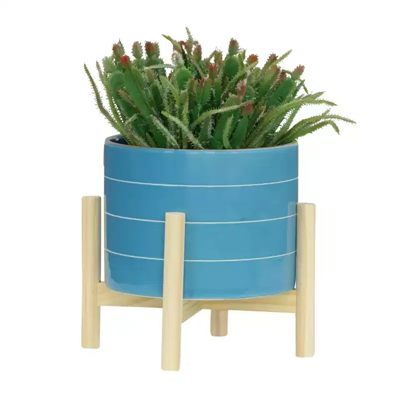 Okak Modern 8IN Flower Pots with Striped Pattern, Succulent Pots with Cross Wooden Stand, Outdoor Planter for Tabletop and Window, Blue