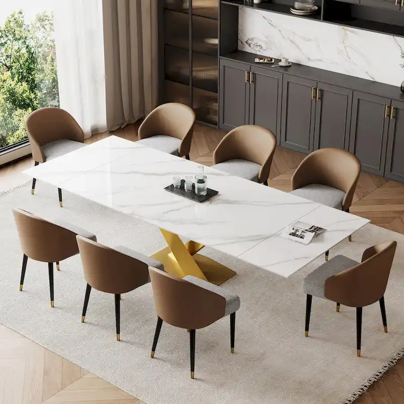 9 - Piece 94.48 Rectangular Extendable Sintered Stone Dining Table with 8 Faux leather Chairs Dining Set