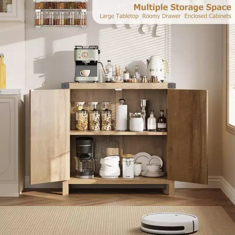 Buffet Cabinet, Sideboard with Storage - 2 Pack Rattan Door Boho Style, 31.5 Kitchen Storage Cabinet with Adjustable Shelves, Natural