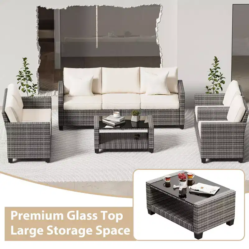 Patio Furniture Set, 5 Pieces Outdoor Sectional Sofa Set with Dining Table & Thickened Cushions - All-Weather PE Wicker