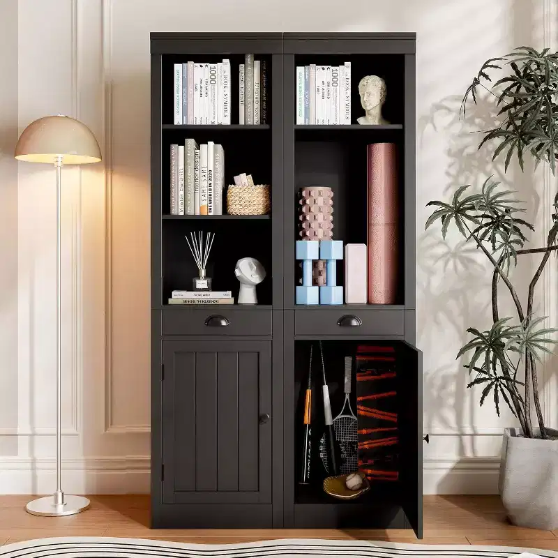 71 Tall Bookcase with Drawer & Cabinet Doors - 3-Tier Adjustable Shelf Storage Cabinet for Living Room, Office, Bedroom, Black