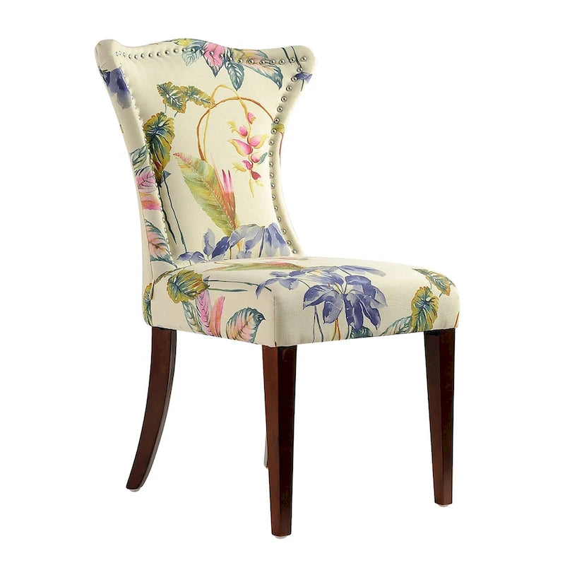 Armless Upholstered Dining Chair – Off-White Floral / Gold Floral / Moss Green / Jet Black / Brown Floral / Midnight Blue, Curved Back, Nailhead Trim, Seats 1