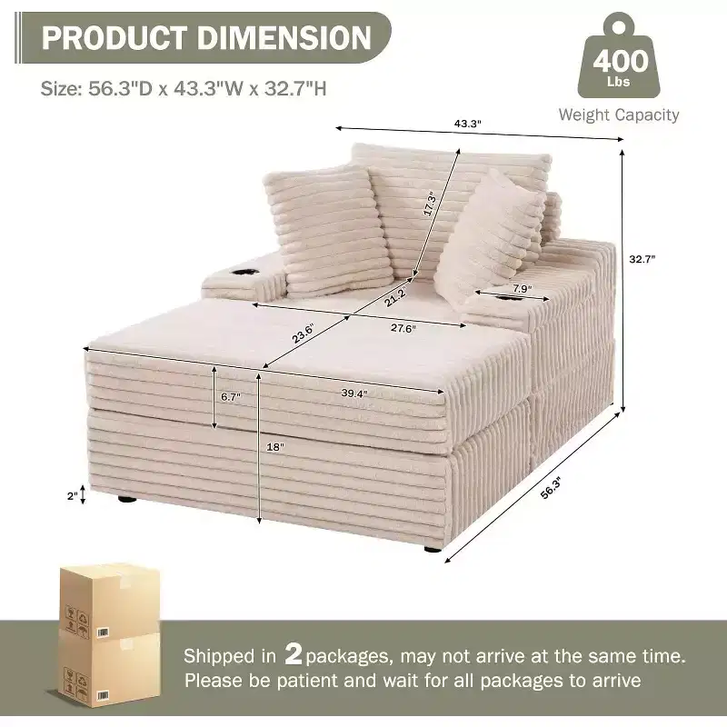 Oversized Chaise Lounge Chair Indoor with Storage, Upholstered Corduroy Sofa Bed Cloud Couch with 3 Pillows,Single Sleeper Sofa Chair for Home